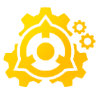 Un logotipo amarillo que presenta un círculo central rodeado de formas similares a engranajes