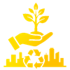 Un icono amarillo que muestra una mano sosteniendo una pequeña planta sobre un símbolo de reciclaje