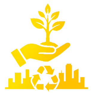 Un icono amarillo que muestra una mano sosteniendo una pequeña planta sobre un símbolo de reciclaje