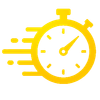 Ícono de cronómetro amarillo con líneas de movimiento a la izquierda, que indican velocidad.