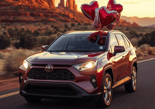 Red Toyota SUV driving through a desert landscape with heart balloons attached at sunset.