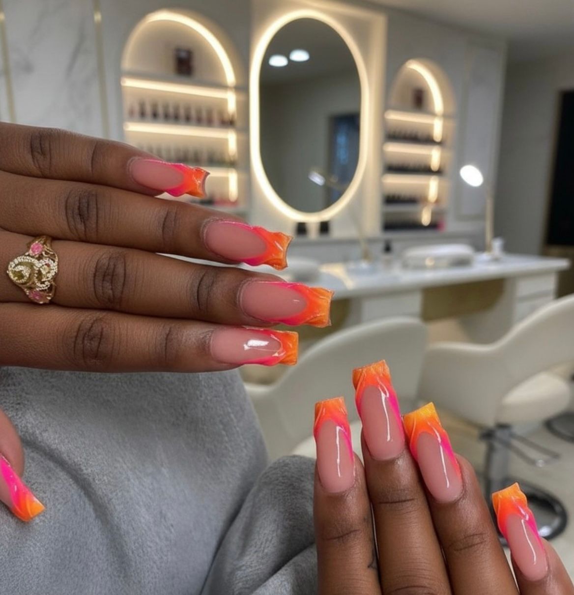 Sunset Wave & Bloom - Acrylic Nails