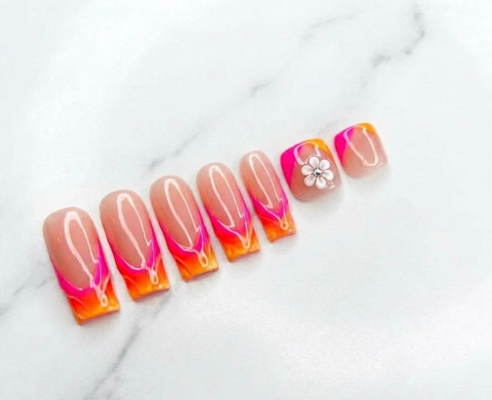 Sunset Wave & Bloom - Acrylic Nails