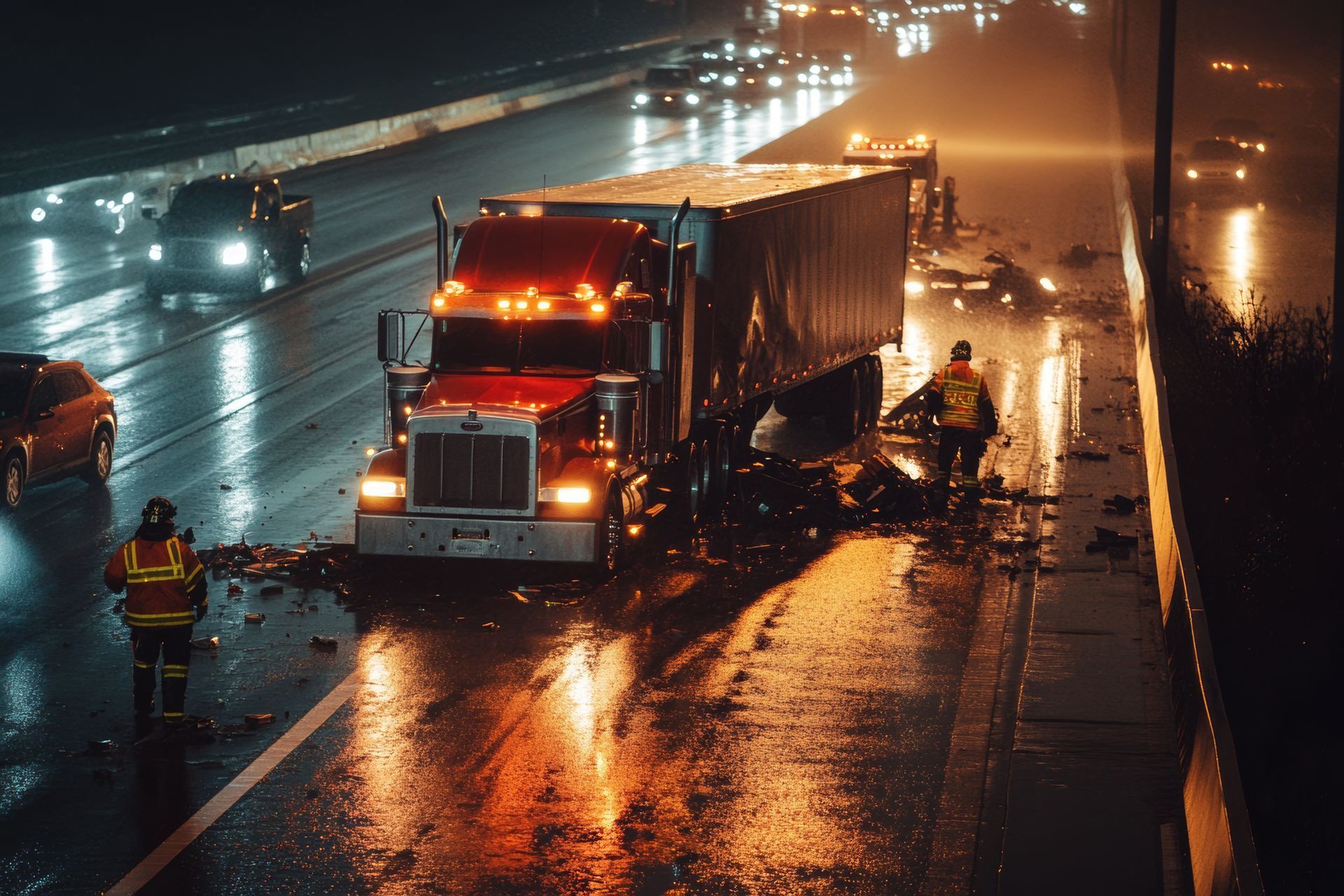 Semi-trailer truck crash on wet freeway during nighttime, causing traffic disruption.