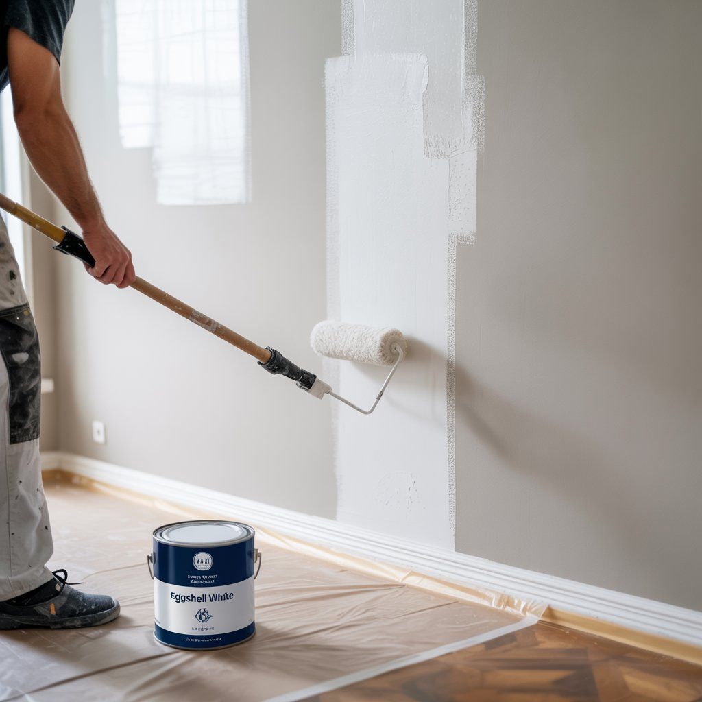 Person painting a light-colored wall with a roller; paint can on floor.