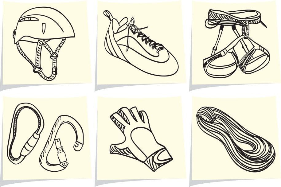 A set of black and white drawings of climbing equipment