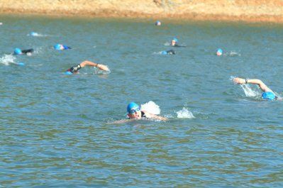 A group of people are swimming in a lake.