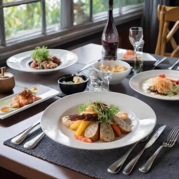 A table with plates of food and utensils on it.
