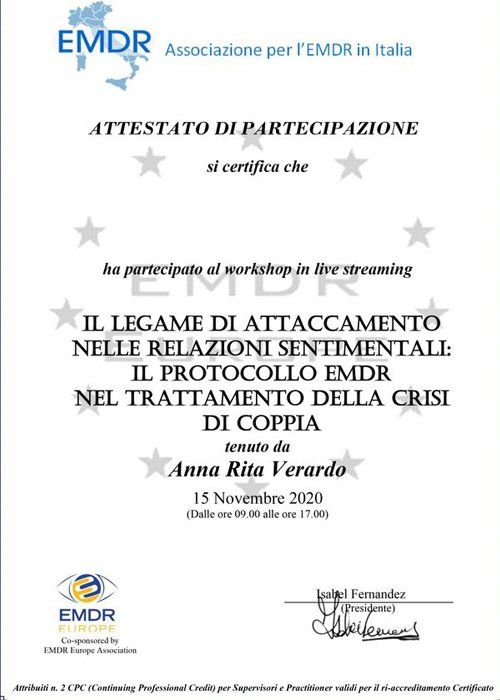 attestato di partecipazione a un corso streaming EMDR