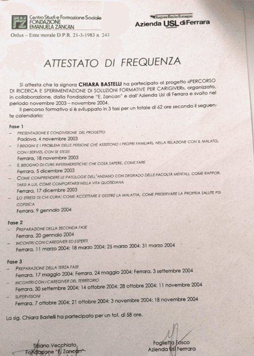 attestato di frequenza della psicologa