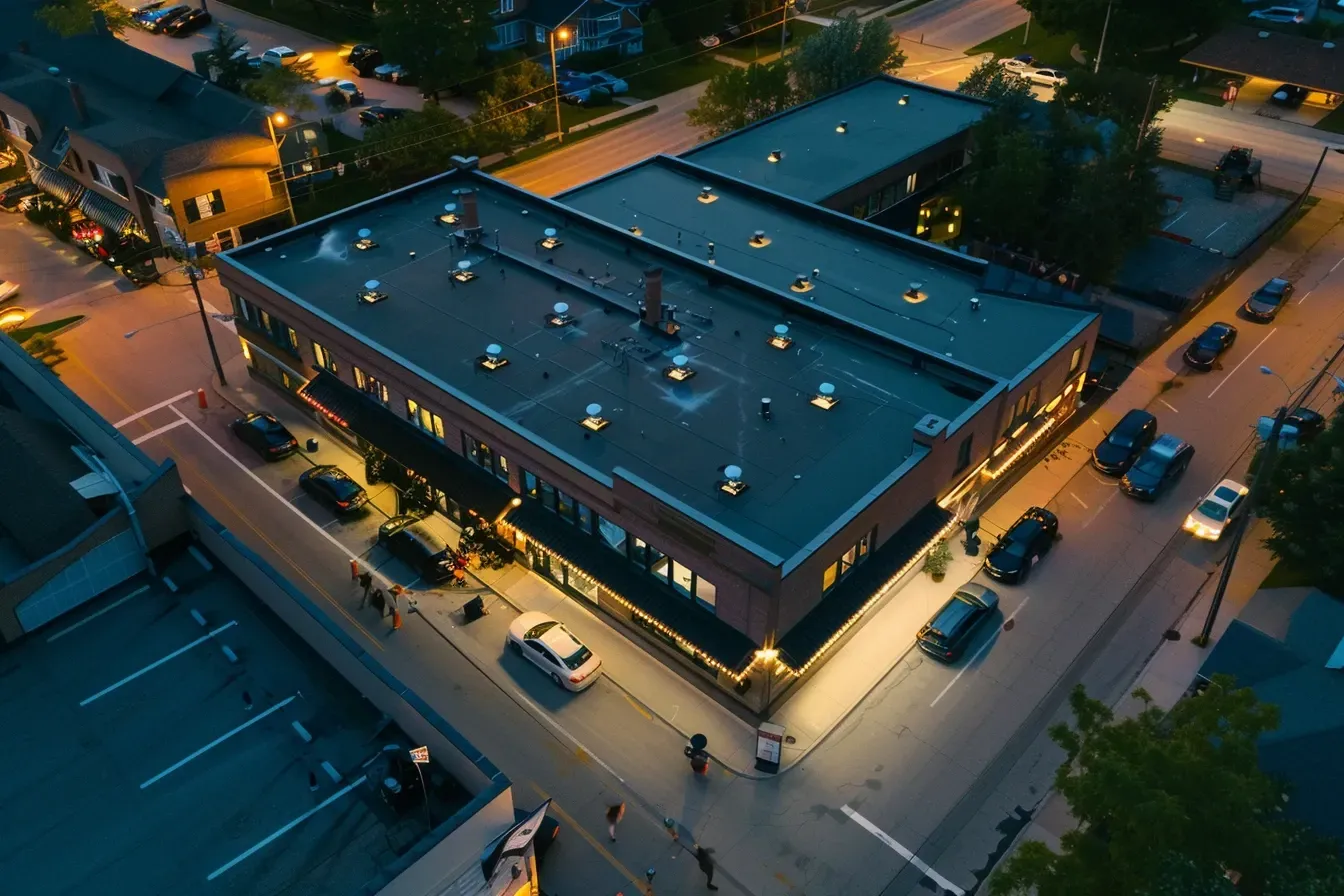 Historic downtown Elgin IL buildings restored and preserved as part of city revitalization projects.