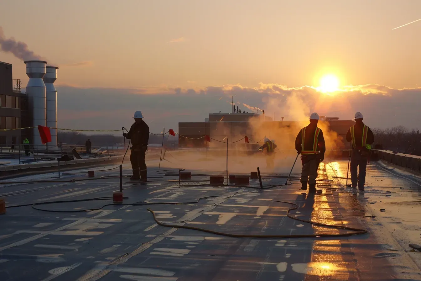 Modified bitumen flat roof repair Elgin IL using torch-welded patches and SBS cold adhesives.