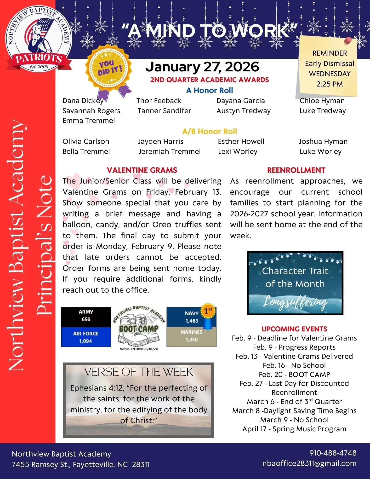 Newsletter for Northview Baptist Academy dated January 27, 2026, featuring academic awards, school updates, and events.