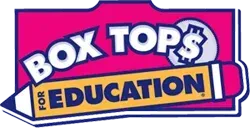 The Box Tops for Education logo featuring blue text on a yellow pencil against a bright pink background.