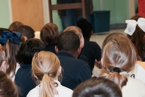 A group of students sits in rows, seen from behind, listening to a presentation.
