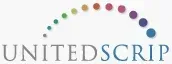 The UnitedScrip logo features the company name in grey text below an arch of colorful, varying-sized dots.
