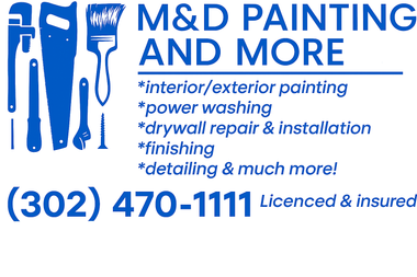 M&D Painting and More business card with blue tools, service list, phone number, and &ldquo;Licensed & insured&rdquo;