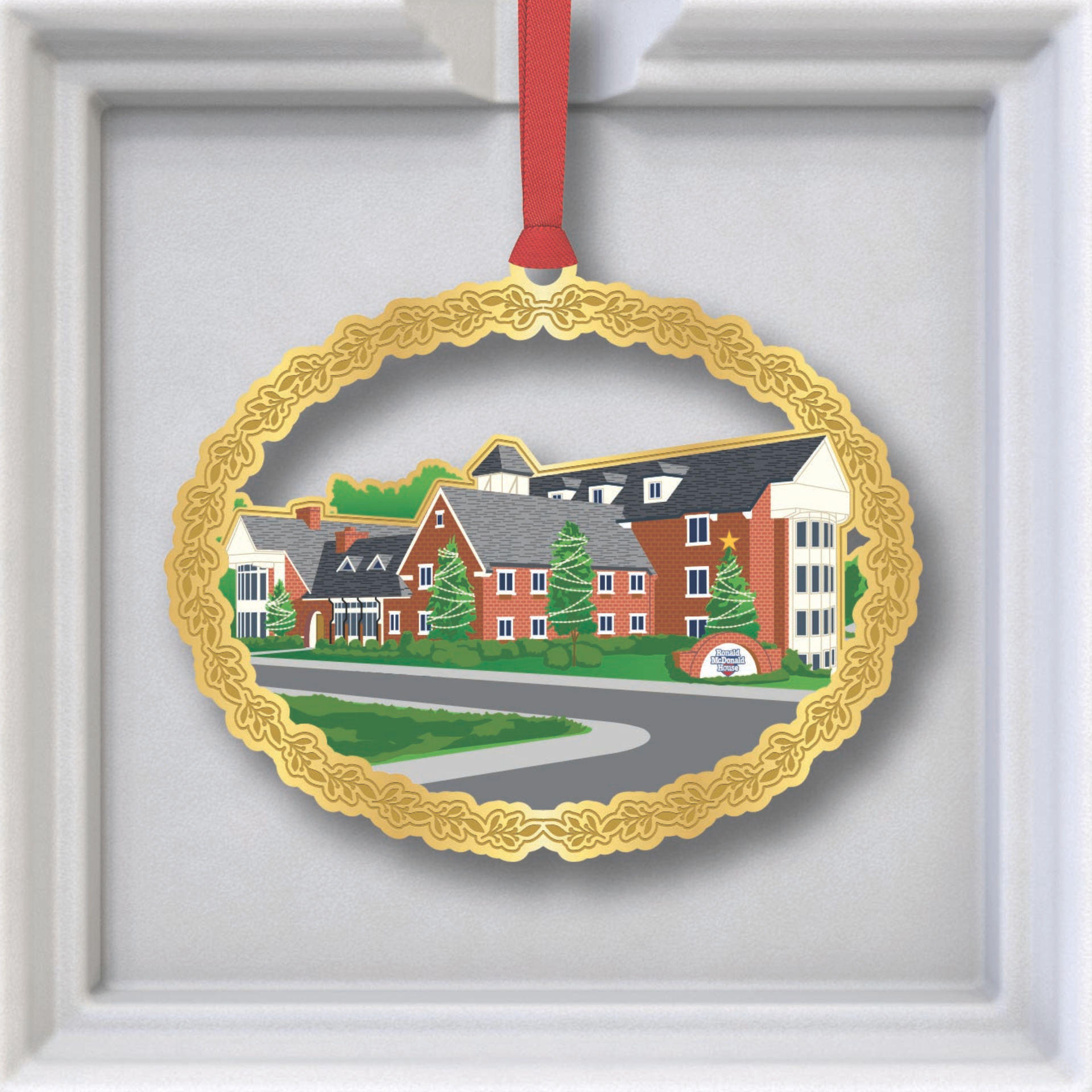 A christmas ornament with a peace sign and a christmas tree on it.