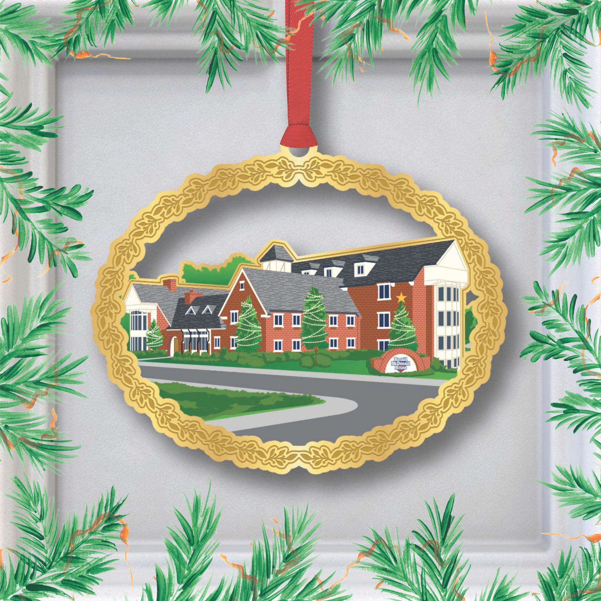 A christmas ornament with a christmas tree in the middle of a wreath.