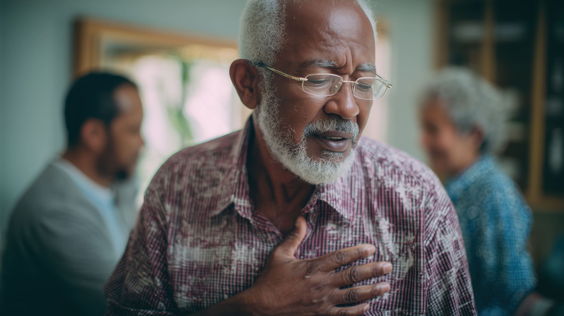 Um homem negro mais velho aperta o peito, parecendo sentir dor, com familiares ao fundo.