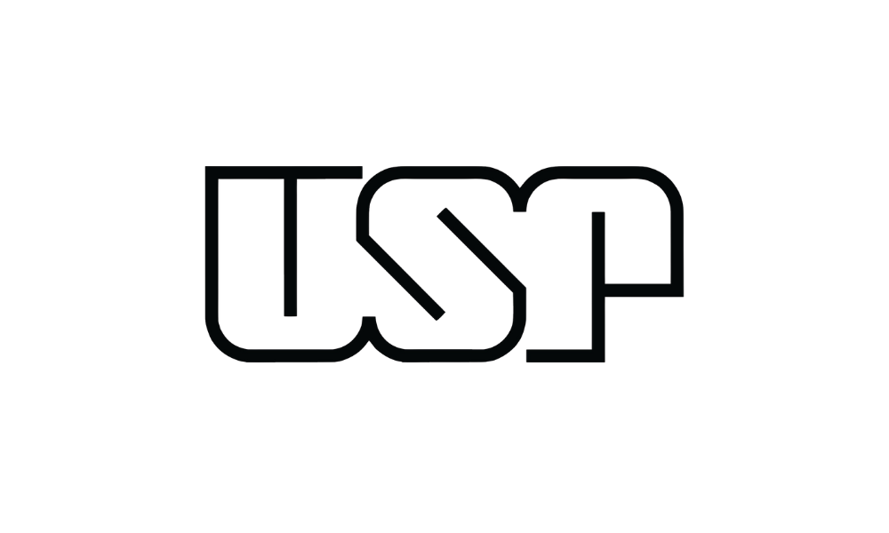 Logotipo da USP em preto e branco: letras estilizadas, "U", "S", "P" com uma fonte moderna.