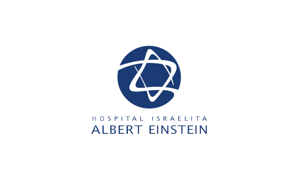 Logotipo do Hospital Israelita Albert Einstein: um círculo azul com uma Estrela de Davi dentro e o nome do hospital abaixo.