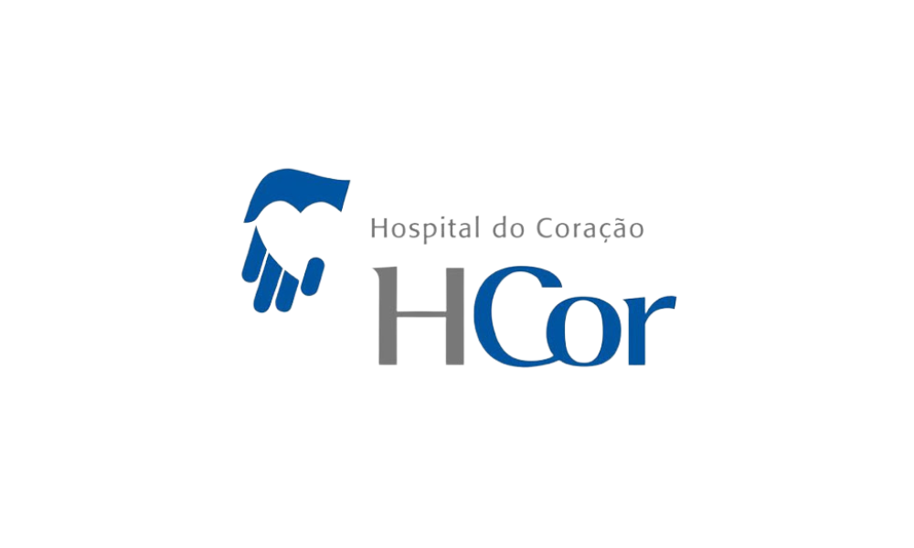 Logotipo do Hospital do Coração (HCOR): mãos azuis formando um coração; texto cinza e azul sobre fundo branco.