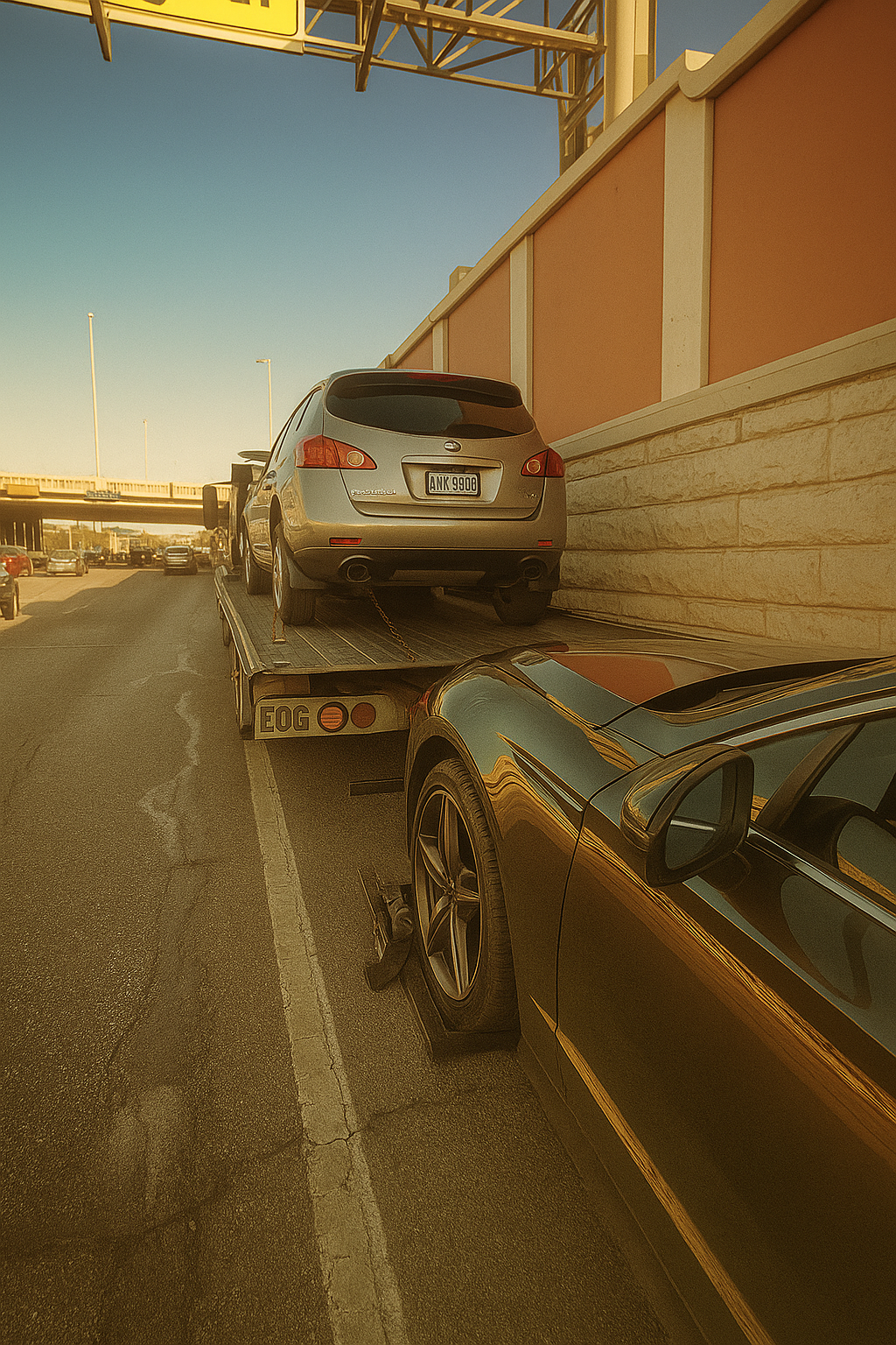 A silver car is being towed on the back of a flatbed truck on a highway shoulder next to a wall.