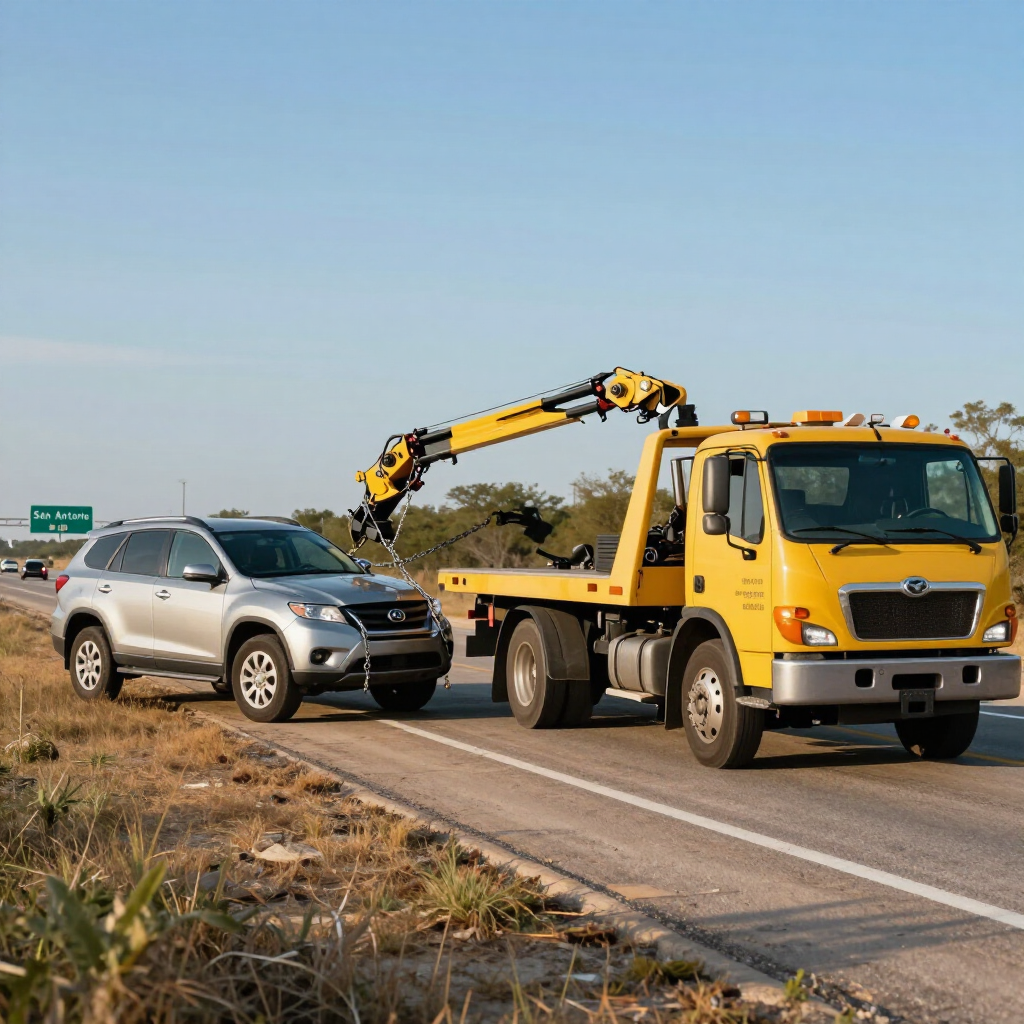 A yellow tow truck is hitched to and towing a silver SUV along a highway on a sunny day.