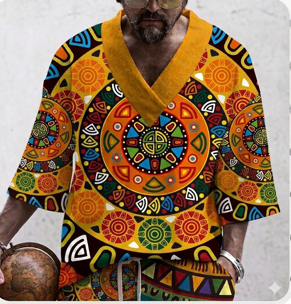 Una persona que lleva una camiseta amarilla de cuello en V con un colorido estampado geométrico circular de inspiración tribal.