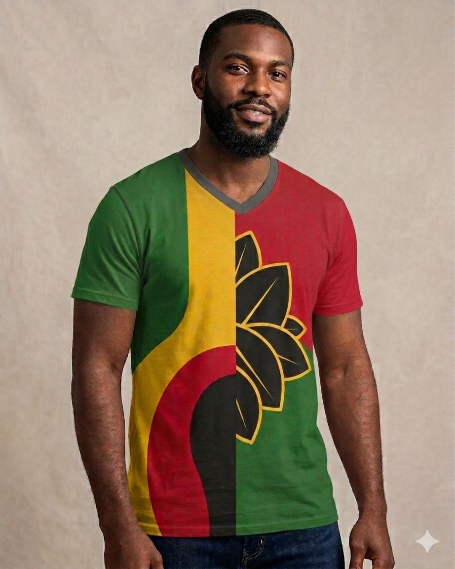 Una persona que lleva una camiseta con cuello en V dividida en dos paneles con un diseño floral estilizado en rojo, amarillo, verde y negro.