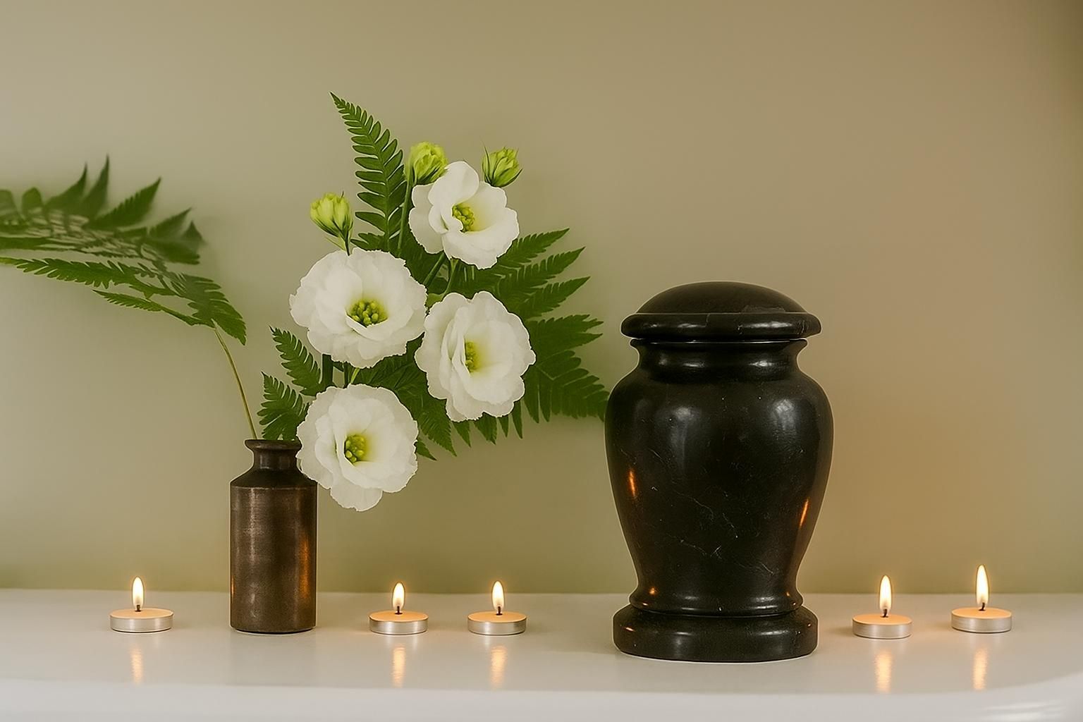 A black urn surrounded by lit candles and white floral arrangements, representing memorial services offered by an Allentown, PA funeral home and cremations.