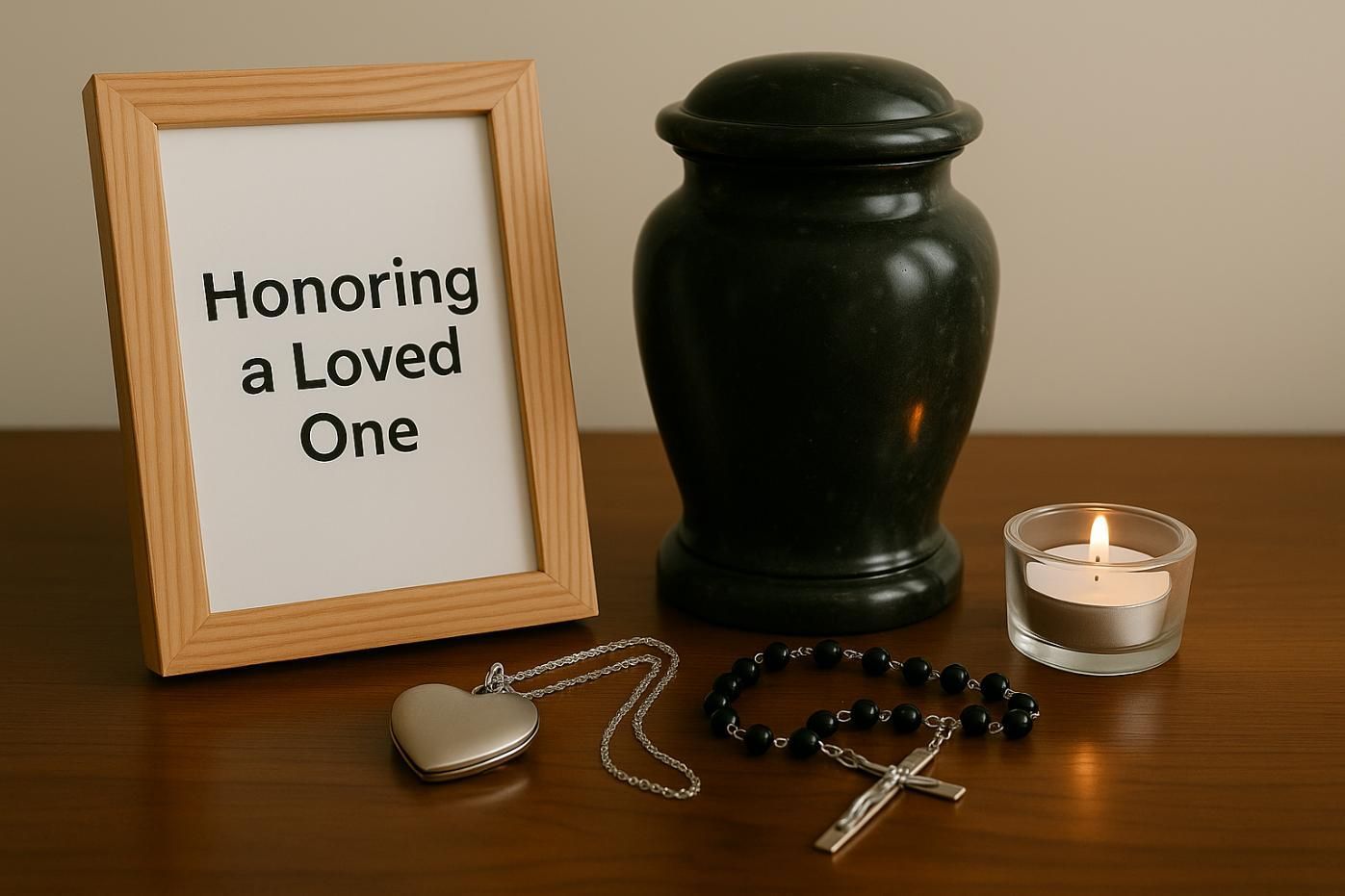 A memorial display with a framed “Honoring a Loved One” sign, a black urn, a lit candle, and remembrance jewelry, symbolizing the compassionate care provided by an Allentown, PA funeral home and cremations.