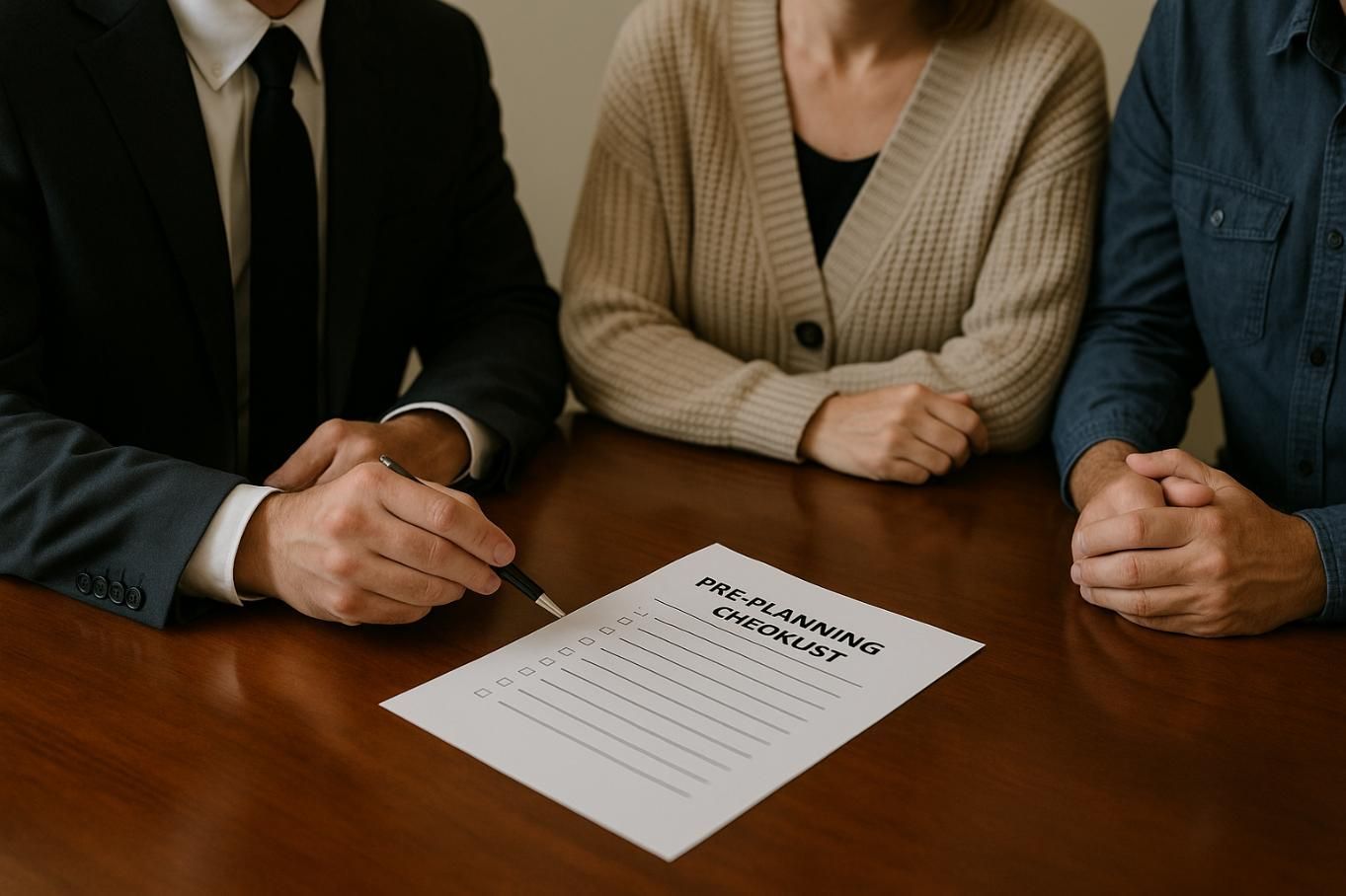 A funeral director reviewing a pre-planning checklist with a couple, representing guidance and support offered by an Allentown, PA funeral home and cremations.