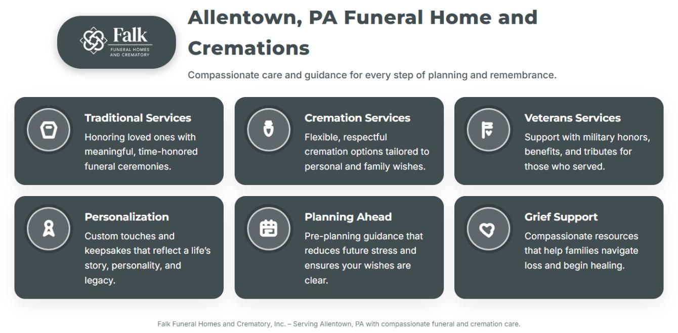 Infographic for Allentown, PA funeral home and cremations showing service categories including traditional services, cremation services, veterans services, personalization, planning ahead, and grief support, each with icons and short descriptions.