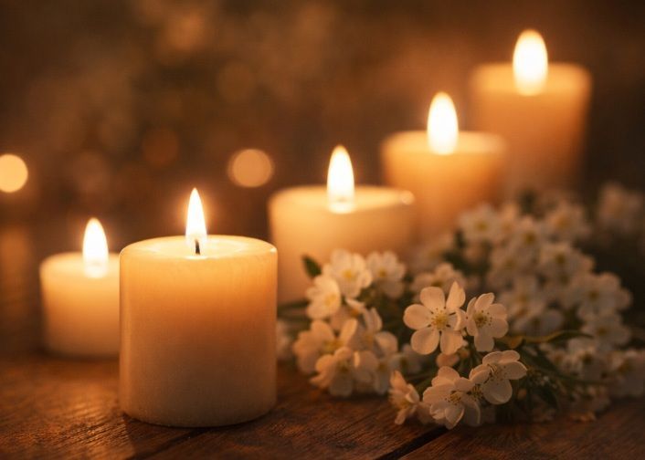 several softly glowing candles placed on a wooden table in Allentown