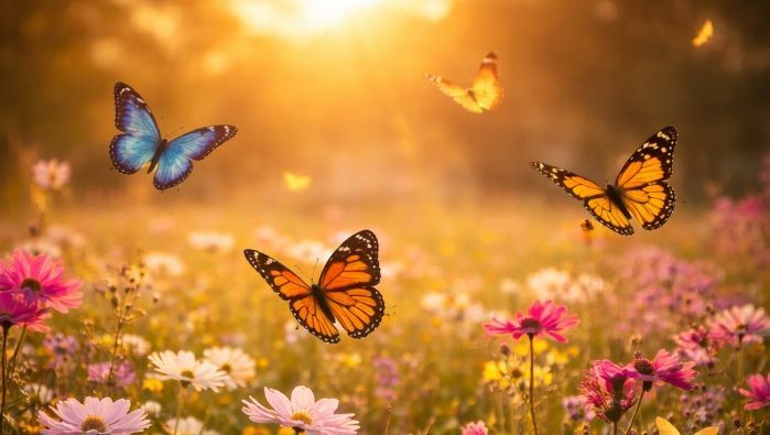 colorful butterflies gently flying above a field of blooming wildflowers in Hellertown