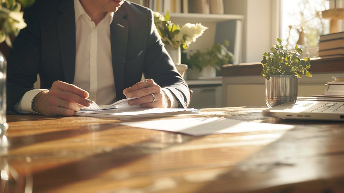 Funeral director reviewing pre-need paperwork in a warmly lit office at Quakertown, PA funeral home and cremations.