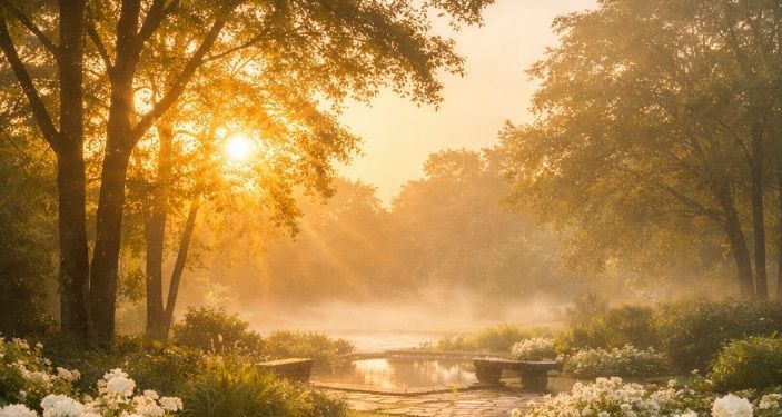 memorial garden at sunrise with soft golden light in Allentown