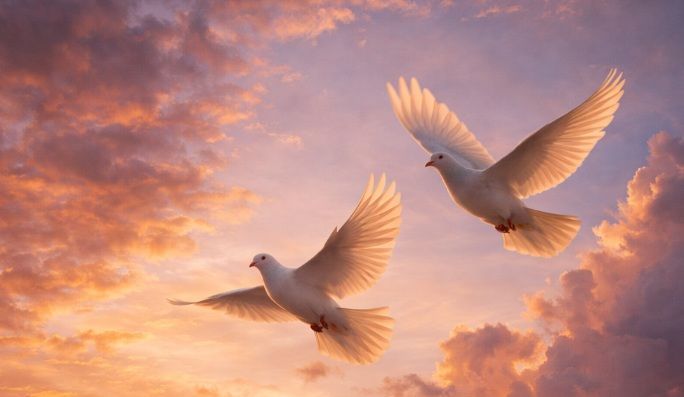 peaceful sunset sky with a pair of white doves flying across warm orange and purple clouds in Heller