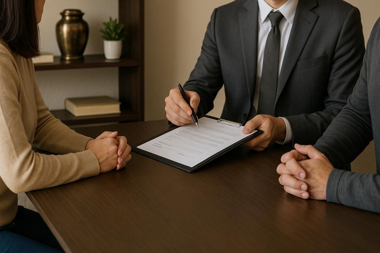 A couple meeting with a funeral director reviewing paperwork, representing the guidance and services offered by a Hellertown, PA funeral home and cremations.