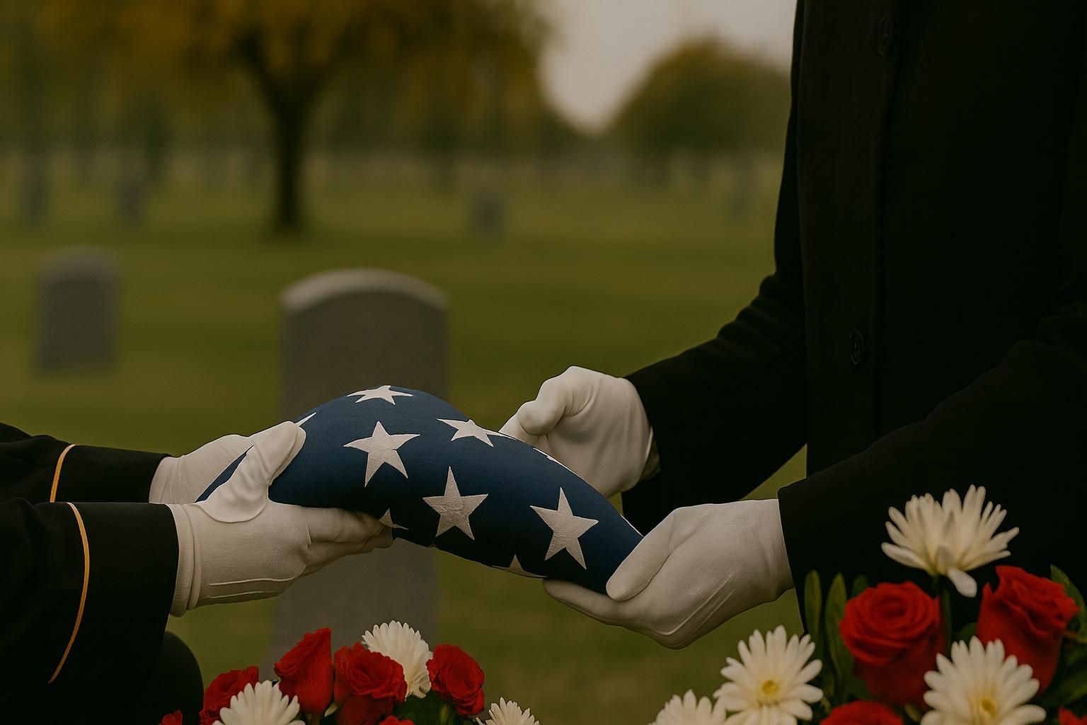 Two gloved hands presenting a folded American flag at a military gravesite, symbolizing veteran services offered by a Hellertown, PA funeral home and cremations.