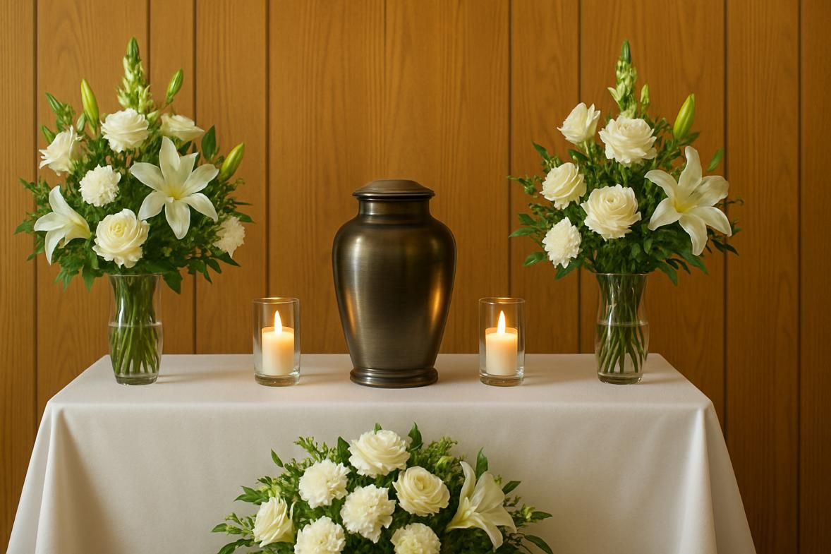 A memorial display with a bronze urn, white floral arrangements, and candles, representing services provided by a Hellertown, PA funeral home and cremations.