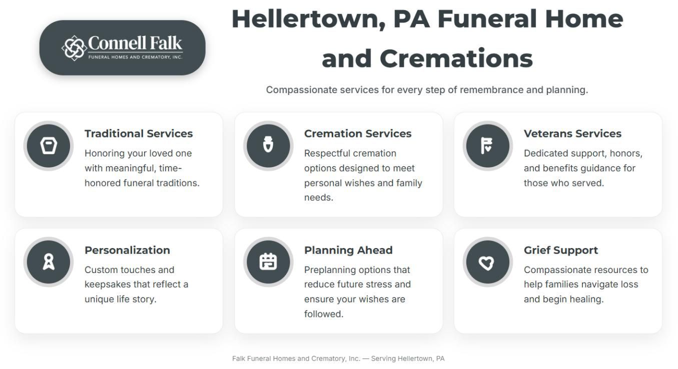 Infographic for Hellertown, PA funeral home and cremations featuring service categories and brief descriptions.