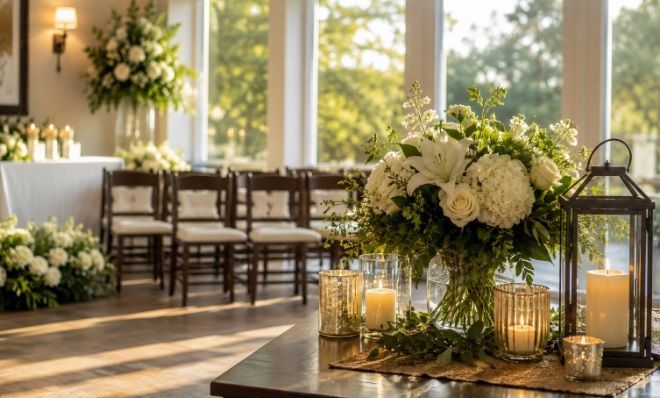 memorial gathering space with floral arrangements and candles for cremation services Hellertown, PA