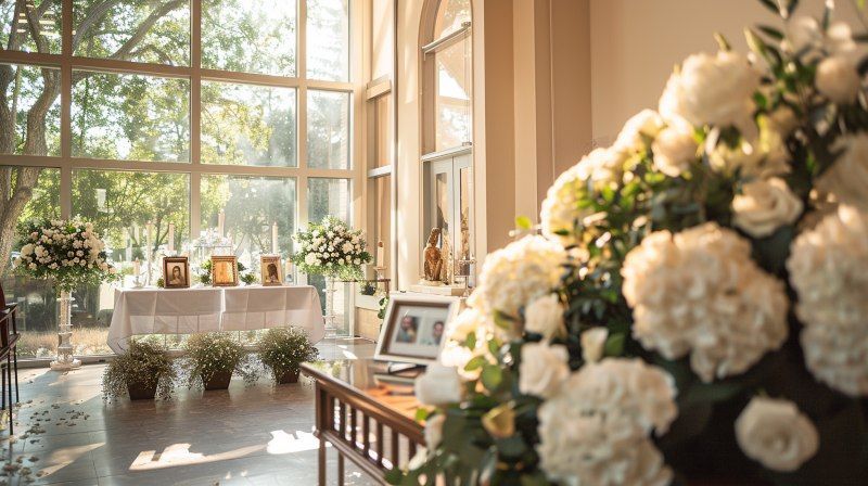 Elegant memorial service setup with white flowers, candles, and framed photos inside Quakertown, PA funeral home and cremations.