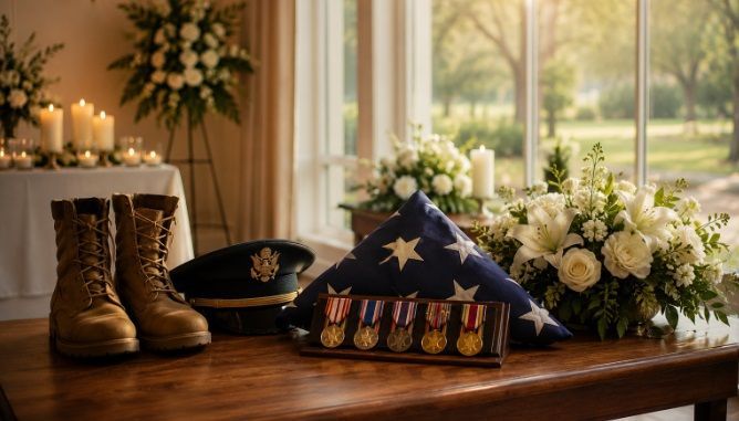 Military tribute display with folded American flag and medals at funeral homes Pennsburg, PA