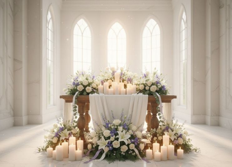 Peaceful altar arrangement with white and purple flowers at Coopersburg, PA, funeral home and cremations