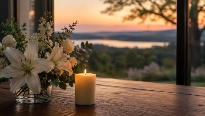 Peaceful memorial flowers and candle for funeral homes Allentown, PA