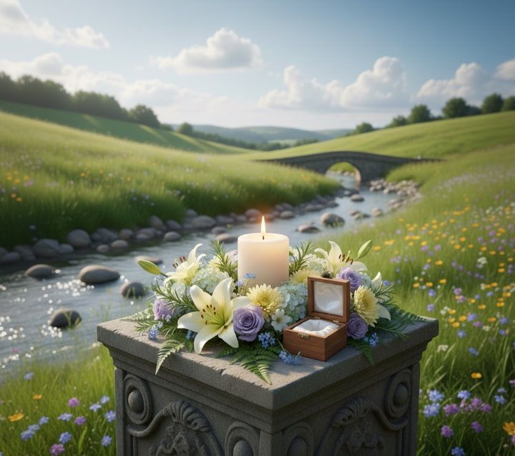 Peaceful memorial scene by a riverside with candle and flowers for Coopersburg, PA funeral home and cremations